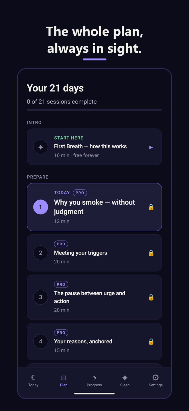 The plan screen, showing the sessions laid out day by day